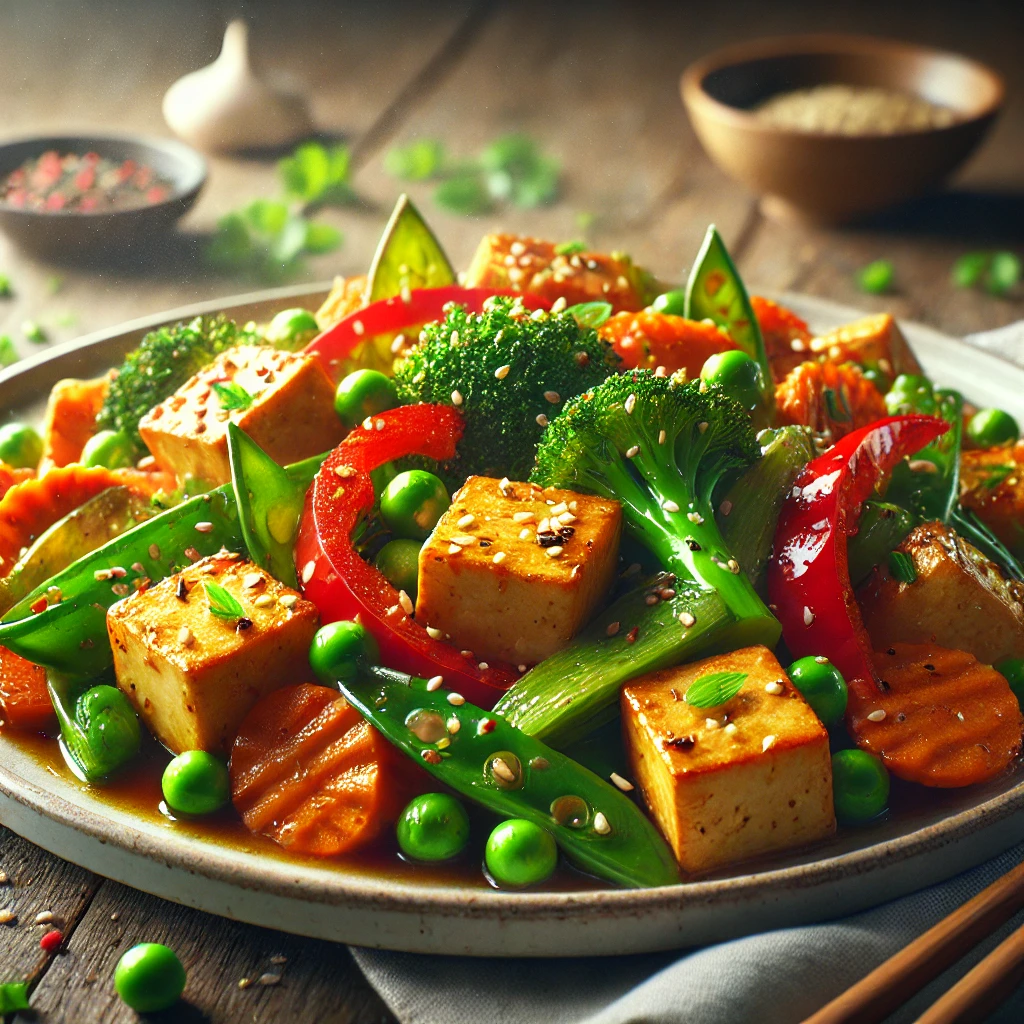 Plate of stir-fried vegetables with tofu, featuring golden-brown crispy tofu pieces, broccoli, bell peppers, carrots, and snap peas, lightly glazed with soy sauce and sprinkled with sesame seeds. The dish appears fresh and vibrant, emphasizing a healthy, nutritious meal.