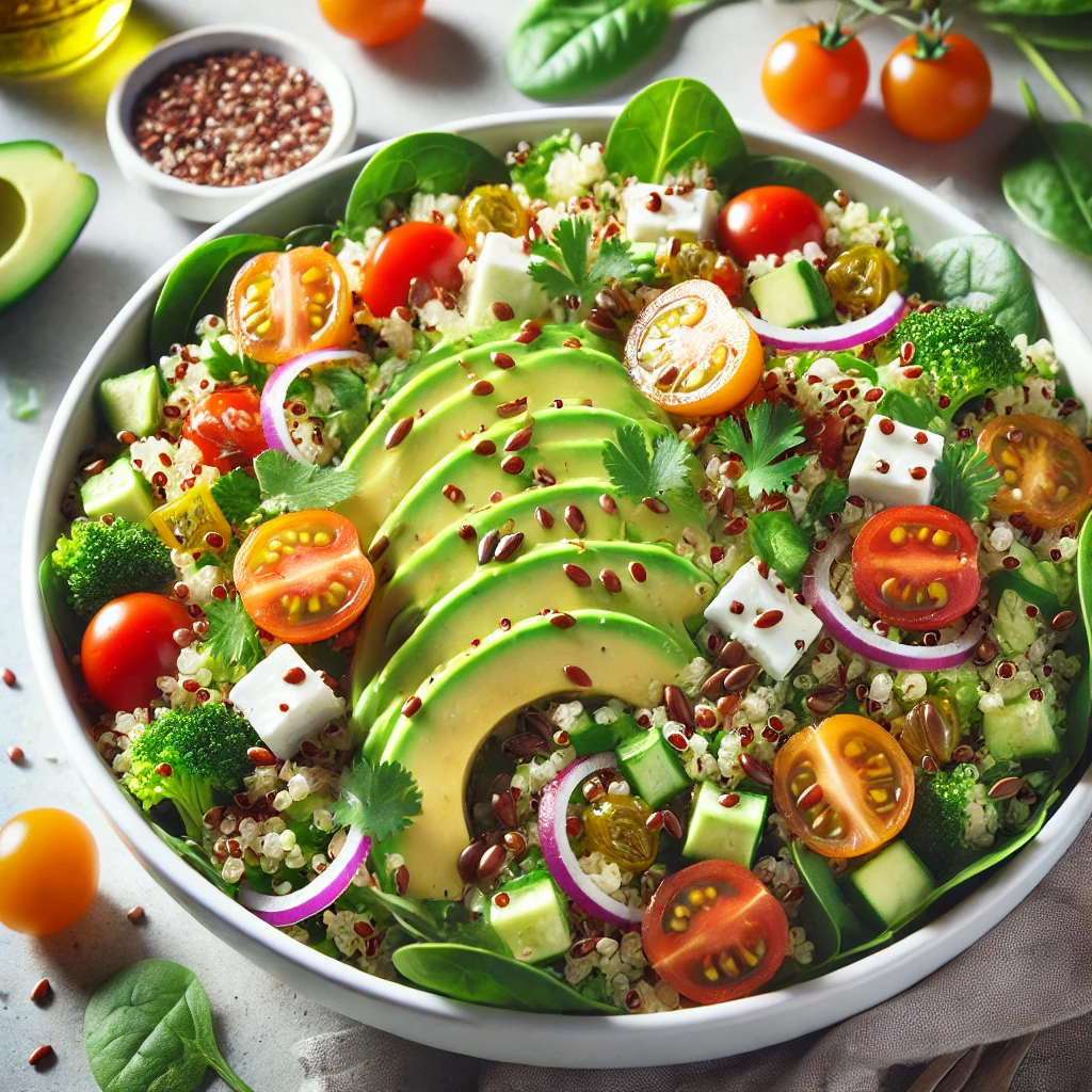 Fresh quinoa avocado salad with diced avocado, cherry tomatoes, cucumber slices, red onion, and chopped cilantro, served in a bowl. Drizzled with a light lemon vinaigrette, it looks vibrant, healthy, and refreshing.