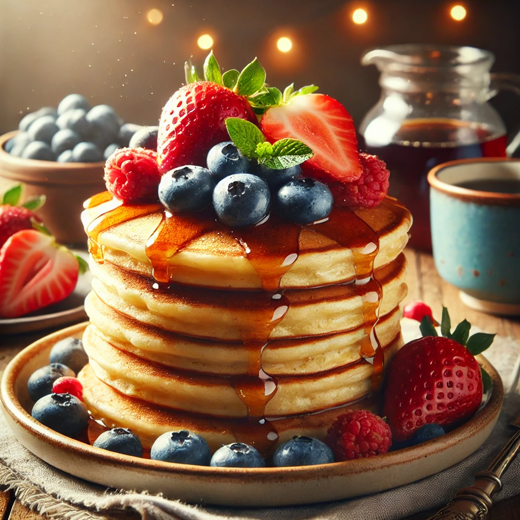 A plate of perfectly cooked, fluffy pancakes topped with fresh fruits like strawberries and blueberries, with a light drizzle of maple syrup. The pancakes are golden and look both delicious and healthy, placed on a wooden table with a cozy breakfast setting, emphasizing a quick and nutritious meal.