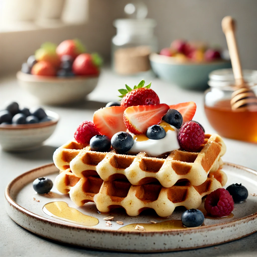 Golden waffles topped with fresh berries and a drizzle of maple syrup, served on a white plate with a cozy breakfast setting.