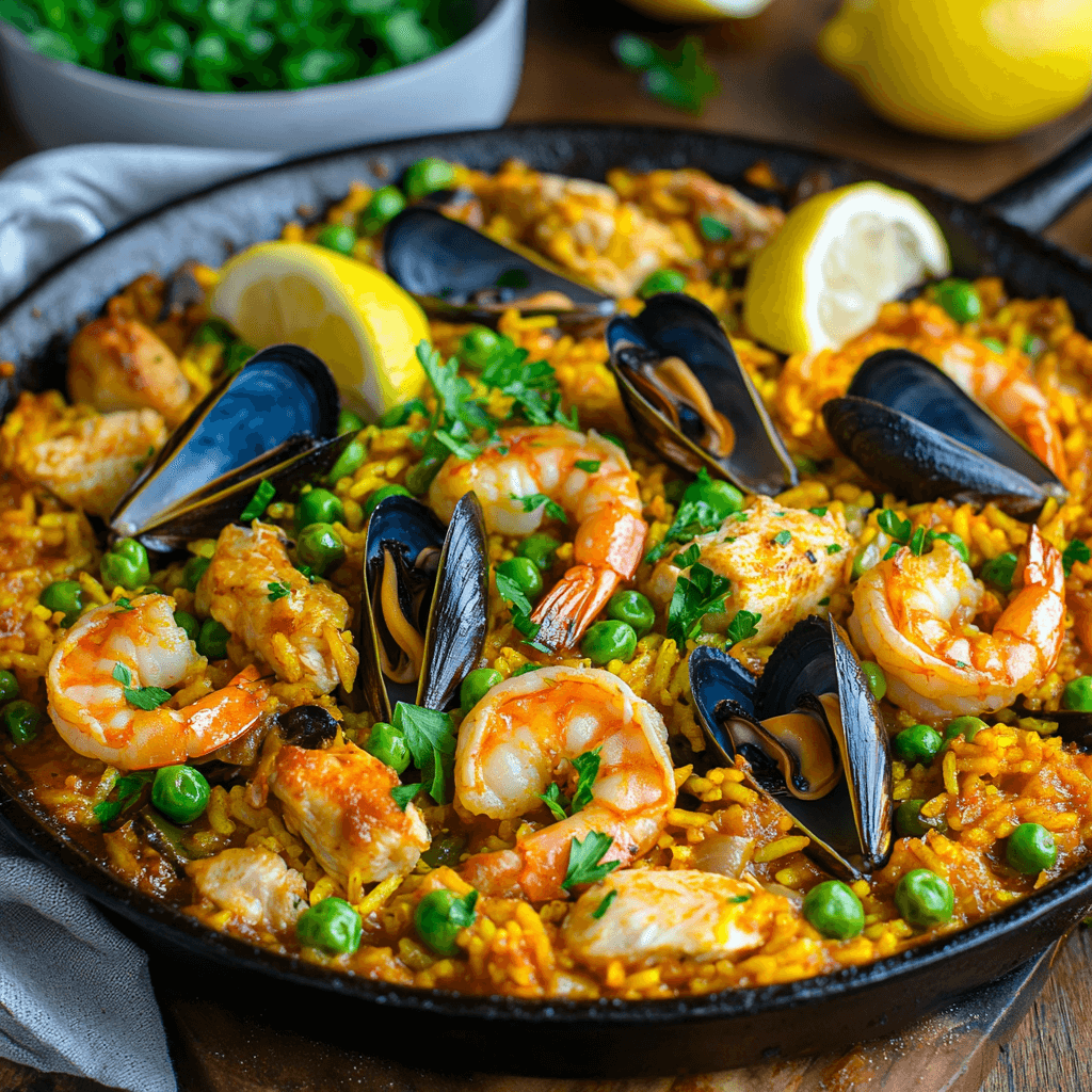 A colorful Spanish paella served in a rustic cast-iron pan, featuring saffron-infused rice, shrimp, chicken, mussels, and green peas, garnished with fresh parsley and lemon wedges, set on a wooden table.