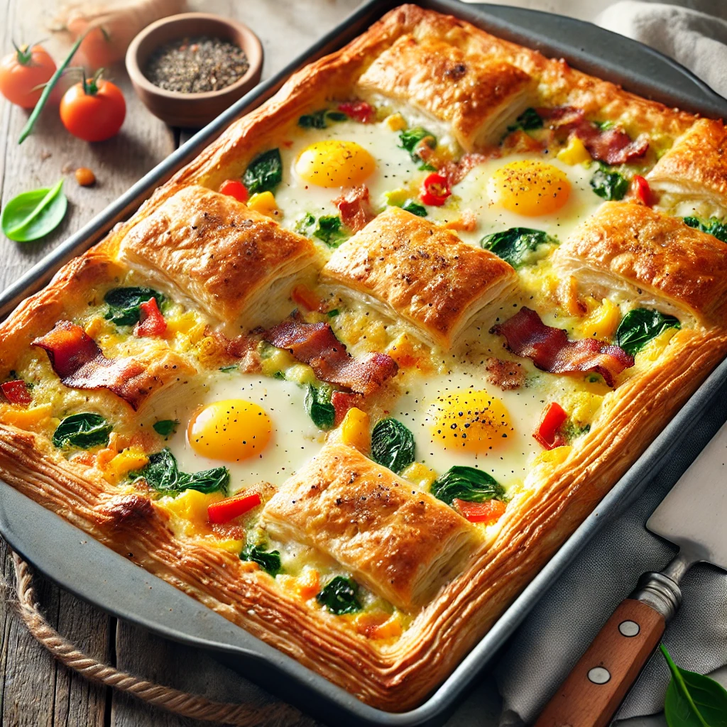 A freshly baked puff pastry breakfast casserole in a rectangular dish, featuring a golden, flaky crust with visible layers of eggs, cheese, bacon, and vegetables like bell peppers and spinach. The casserole is set on a rustic wooden table with soft natural light, ready to be sliced and served.