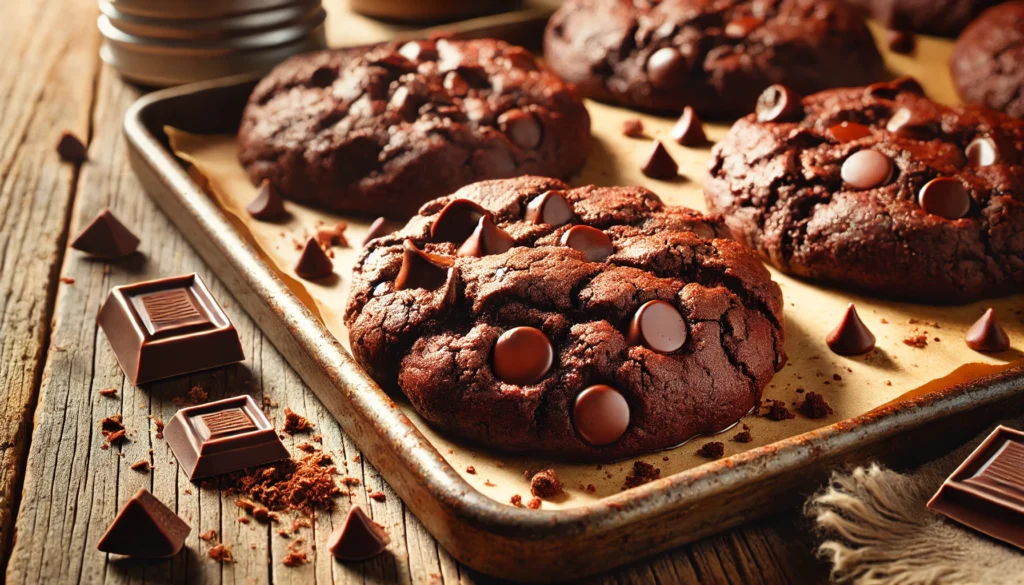 A close-up view of freshly baked double chocolate chip cookies on a rustic baking sheet. The cookies are thick, with a gooey, melted chocolate interior and a slightly cracked surface. Scattered crumbs and chocolate chips surround the cookies, adding a natural, homemade feel. The background features a warm, wooden table with a soft, natural light highlighting the rich texture and inviting appearance of the cookies.