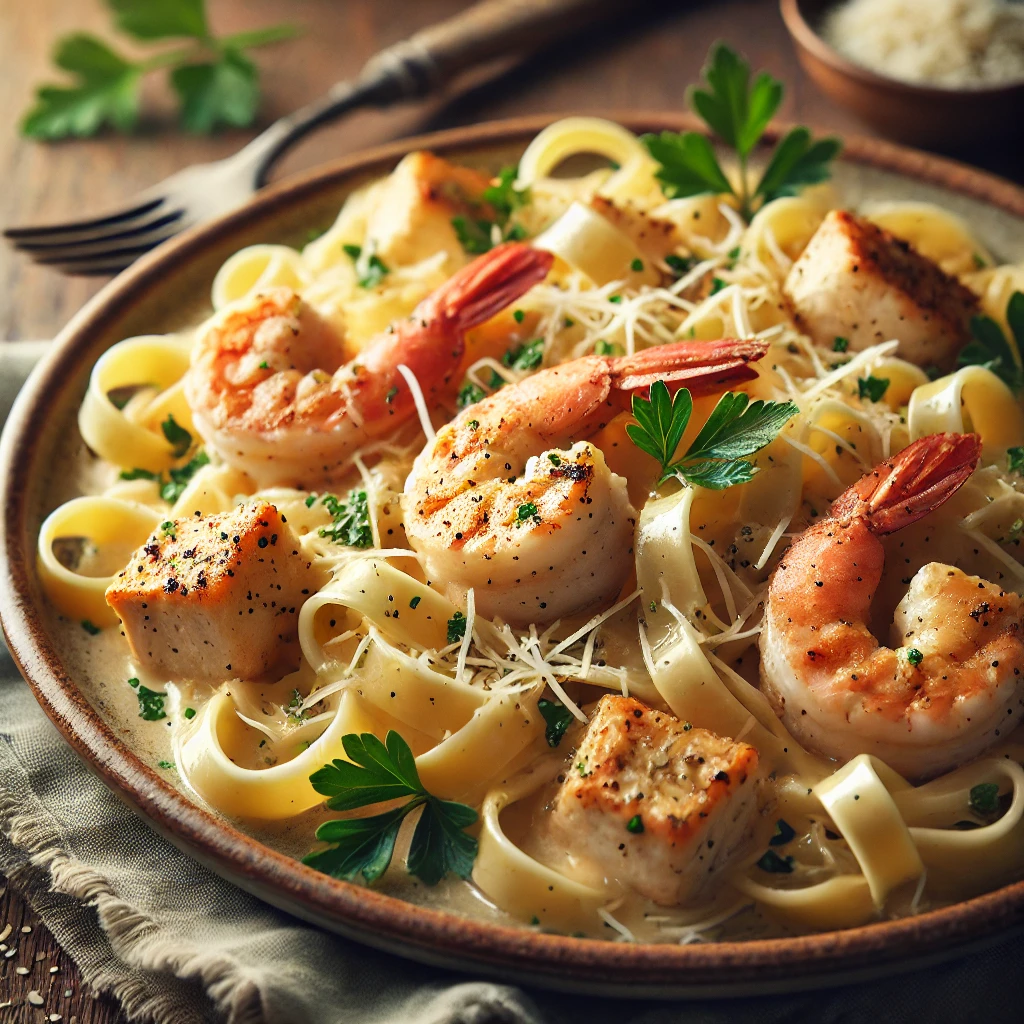 A plate of chicken and shrimp pasta Alfredo, featuring fettuccine pasta coated in a creamy Alfredo sauce with golden-brown chicken pieces and succulent shrimp. The dish is garnished with fresh parsley and a sprinkle of Parmesan cheese, presented on a rustic plate with a fork beside it. The setting is a warm kitchen table with soft natural lighting, highlighting the creamy texture and rich ingredients, creating an appetizing and comforting presentation.