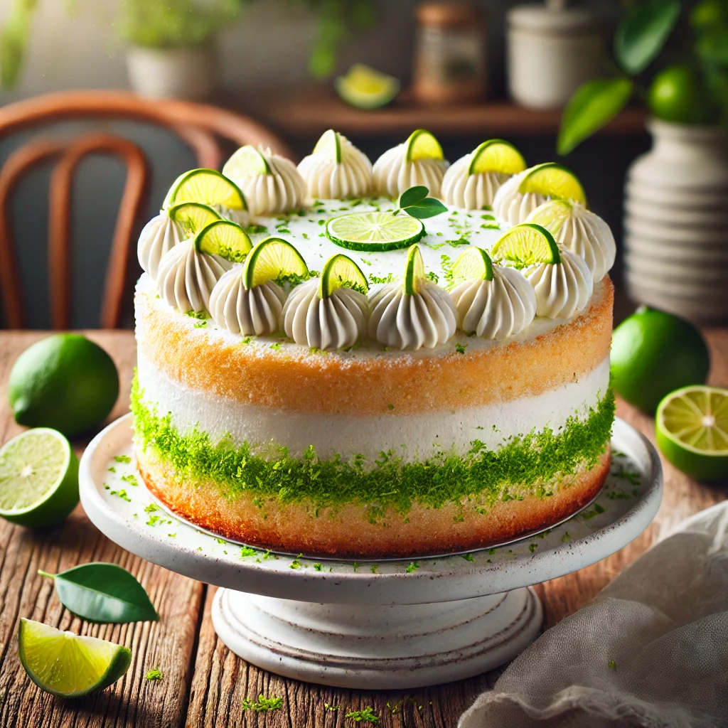 A key lime cake with a moist, fluffy texture and creamy frosting, topped with fresh lime zest and thin slices of lime. The cake is displayed on a rustic white cake stand, surrounded by whole limes and lime leaves on a wooden table. The cozy kitchen background is softly lit, highlighting the freshness and vibrant colors of the cake, creating an inviting and appetizing presentation.