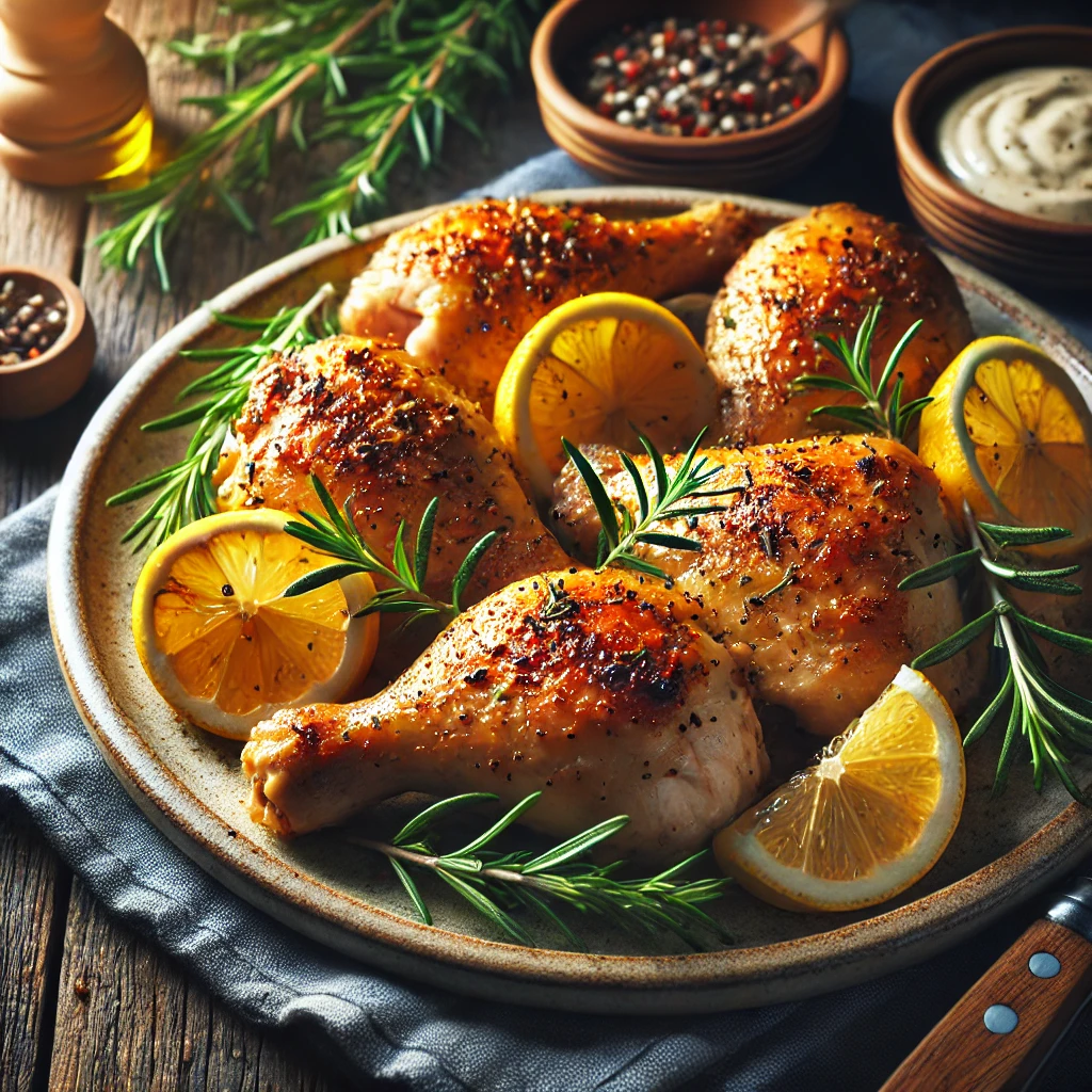 A plate of perfectly cooked, golden brown chicken pieces prepared using a simple chicken brine. The juicy chicken is garnished with fresh herbs like rosemary and lemon slices, set on a rustic plate with a warm, wooden table background. The dish is surrounded by a small bowl of dipping sauce, and the natural lighting highlights the moist texture and inviting presentation of the home-cooked meal.