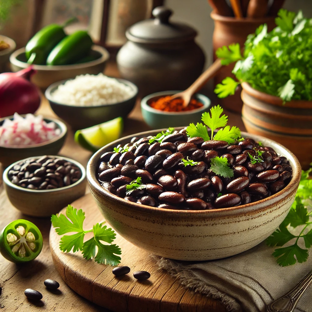 Alt text: "A bowl of easy chipotle black beans served in a rustic ceramic bowl, garnished with fresh cilantro leaves and a lime wedge. The beans are dark and glossy, cooked with chipotle peppers. The bowl is set on a wooden table, surrounded by small bowls of sliced jalapeños, chopped onions, and steamed white rice. The scene has a cozy, home kitchen background with soft, natural lighting, creating a warm and inviting homemade presentation.