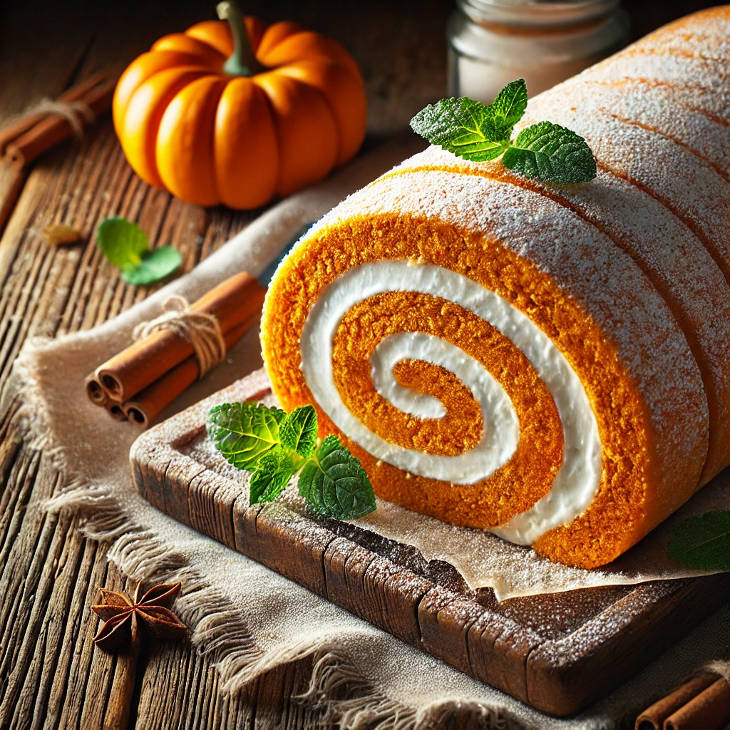 A freshly baked Libby’s Pumpkin Roll sliced to reveal a spiral cream cheese filling, dusted with powdered sugar. The pumpkin roll is set on a wooden table with natural lighting highlighting the moist texture and creamy center, decorated with mint leaves and a sprinkle of cinnamon for a rustic, cozy presentation.