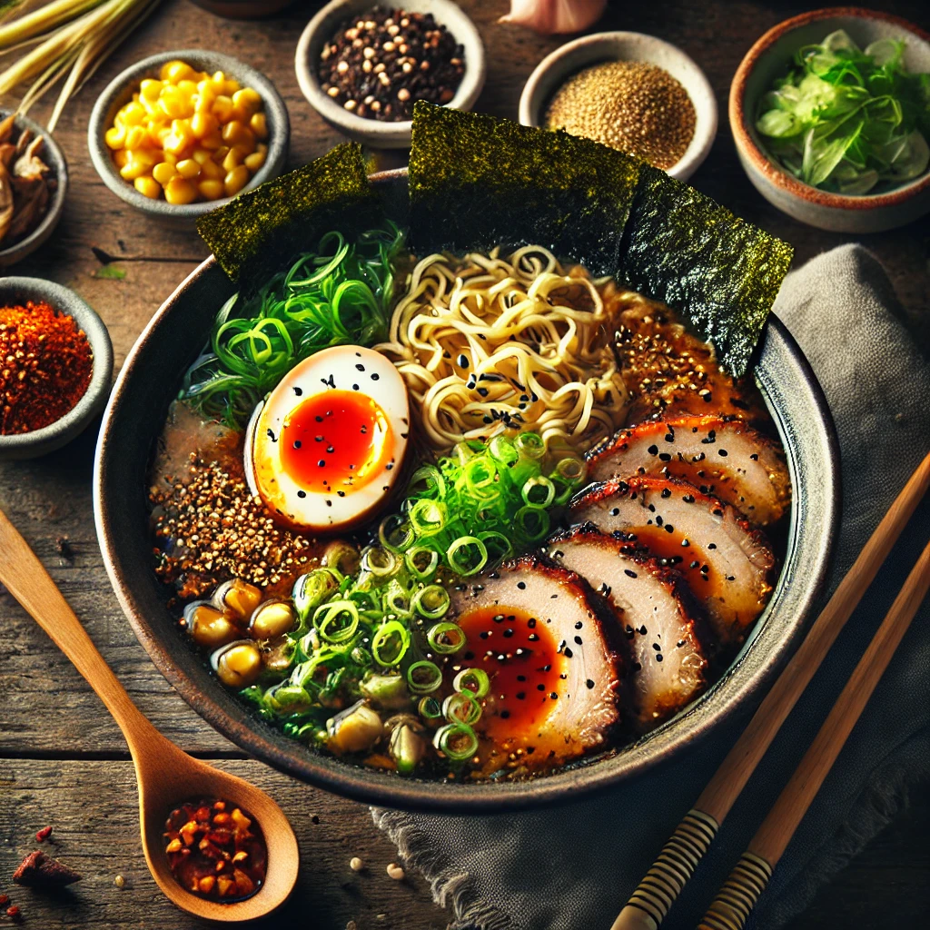 A bowl of ramen filled with a variety of toppings, including nori, chashu pork slices, marinated soft-boiled egg, green onions, bean sprouts, and chili oil. The vibrant and colorful ingredients are arranged in a cozy, rustic setting with chopsticks placed beside the bowl. The presentation highlights the mix of textures and flavors, creating an inviting and appetizing meal.