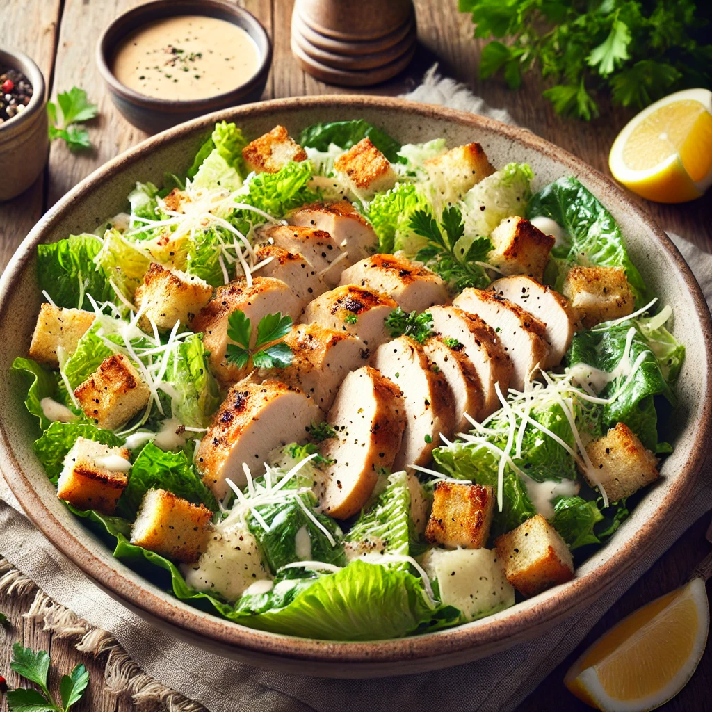 A bowl of classic chicken Caesar salad with fresh romaine lettuce, grilled chicken slices, crunchy croutons, and grated Parmesan cheese, drizzled with creamy Caesar dressing. The salad is garnished with fresh parsley and accompanied by a lemon wedge, set on a rustic wooden table with natural light highlighting the vibrant ingredients.