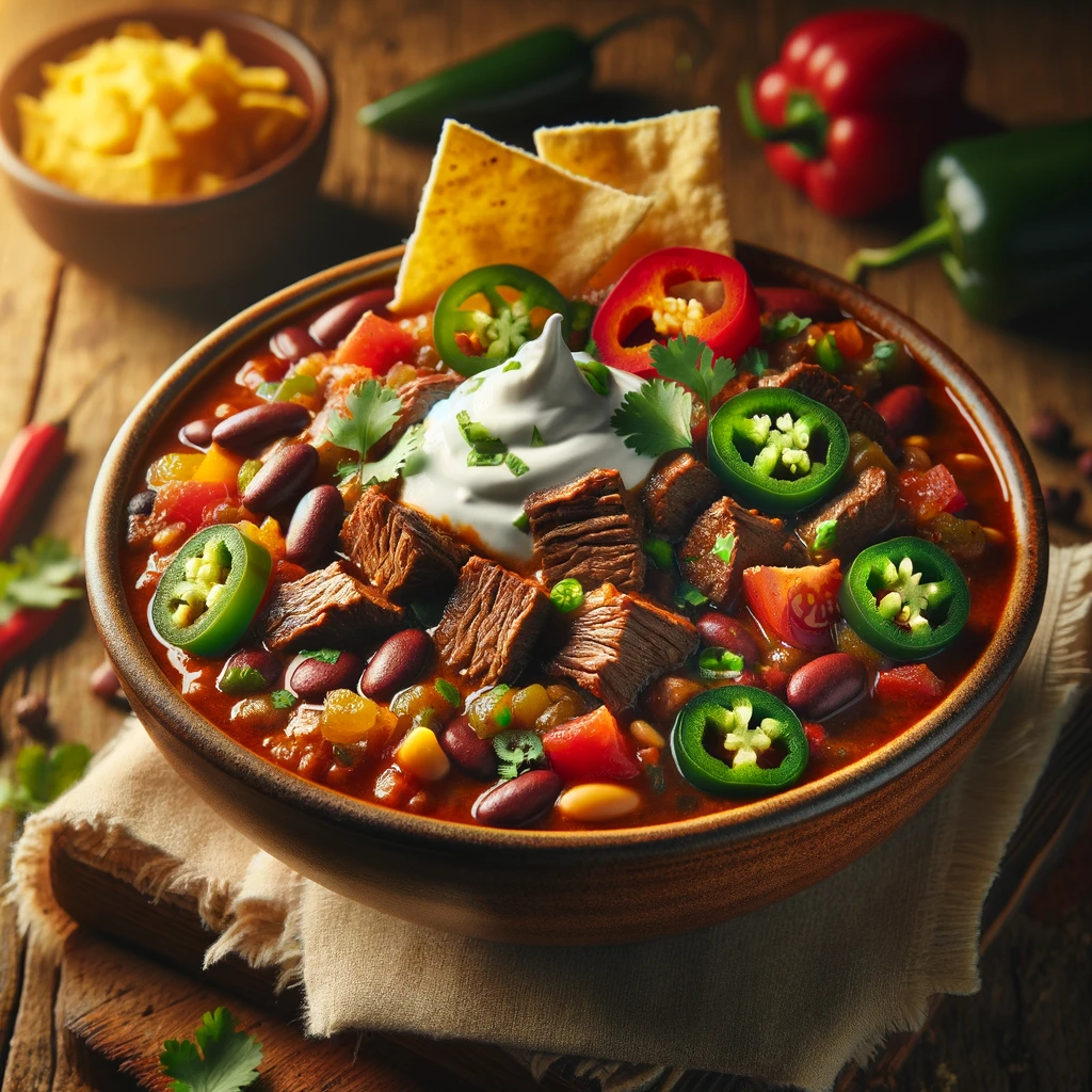 A bowl of spicy steak chili filled with chunks of tender steak, beans, tomatoes, and vegetables like bell peppers, topped with fresh cilantro, jalapeño slices, and a dollop of sour cream. The chili is served with tortilla chips and cornbread on a rustic wooden table, with warm, cozy lighting highlighting the rich textures and colors.