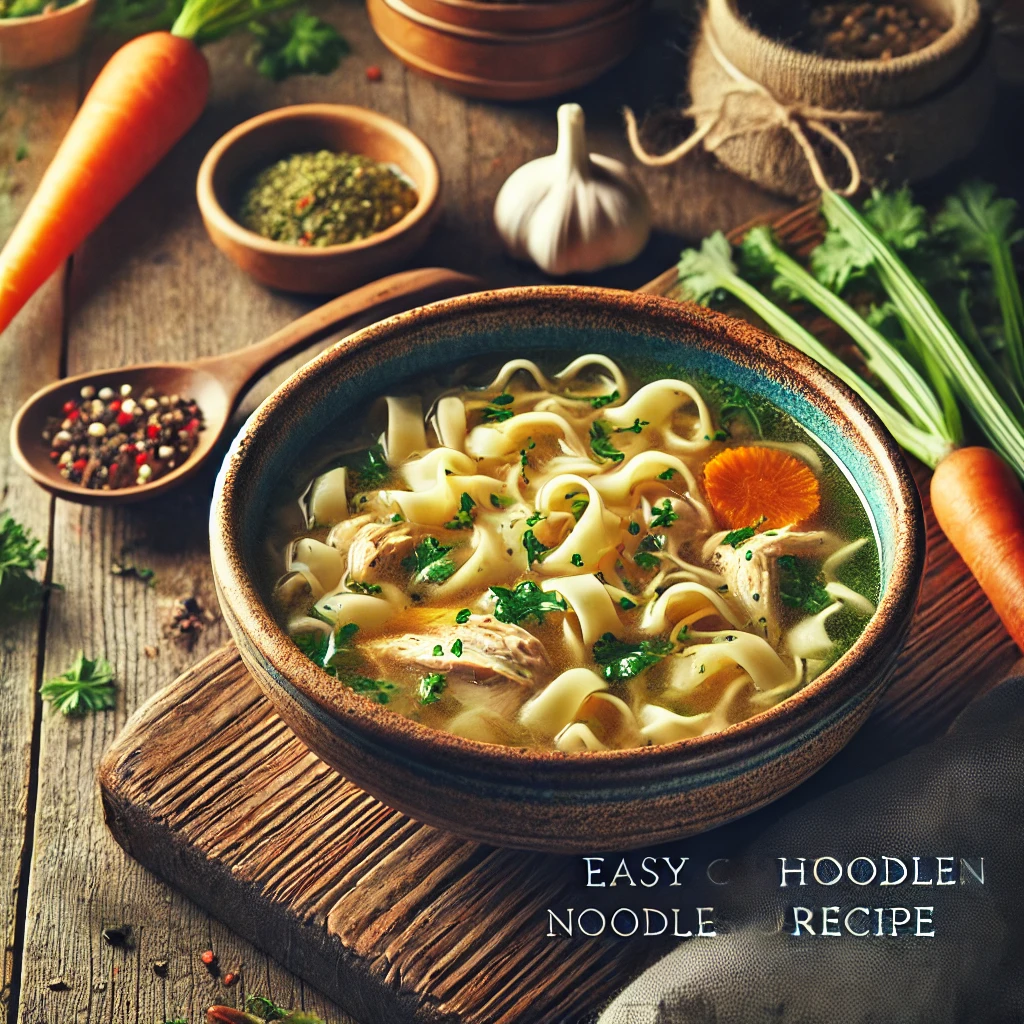 A Pinterest-friendly image of a chicken noodle soup recipe, featuring a rustic bowl filled with clear broth, noodles, chicken pieces, and fresh herbs. The background includes a wooden table with scattered ingredients like carrots and celery, creating a cozy and inviting atmosphere. The text overlay reads 'Easy Chicken Noodle Soup Recipe' in an attractive, clear font.