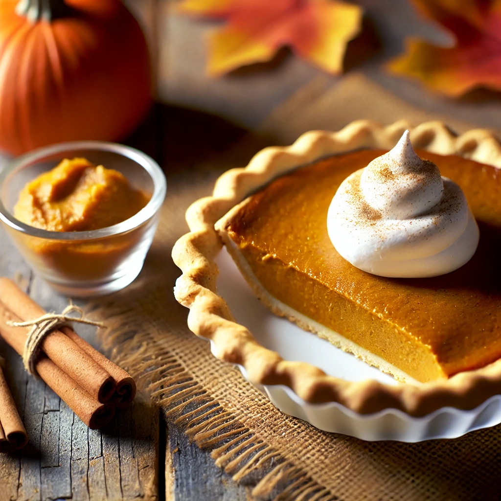 A beautifully baked pumpkin pie on a rustic wooden table, garnished with whipped cream and cinnamon, surrounded by autumn leaves and a cinnamon stick.