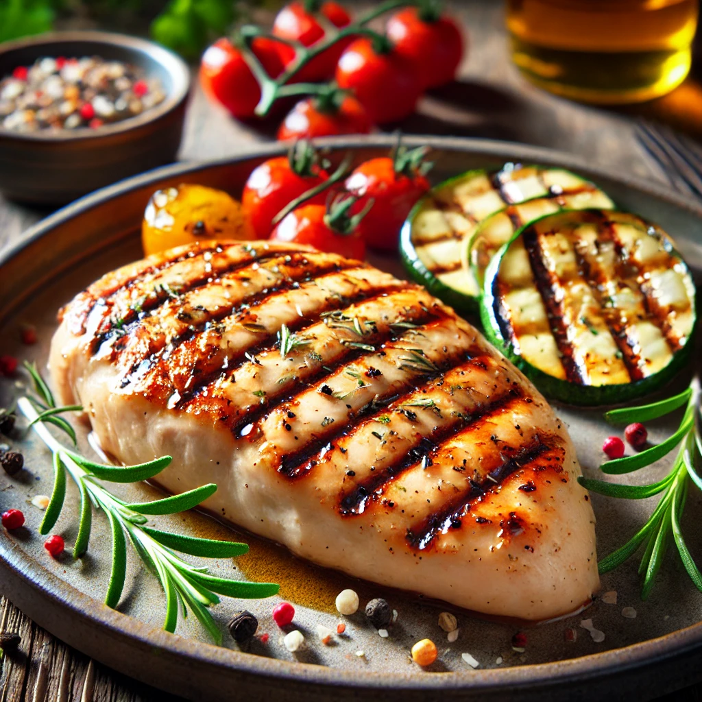 Perfectly grilled thin sliced chicken breast with visible grill marks, garnished with fresh herbs, and served alongside colorful grilled vegetables like bell peppers, zucchini, and cherry tomatoes on a rustic plate.