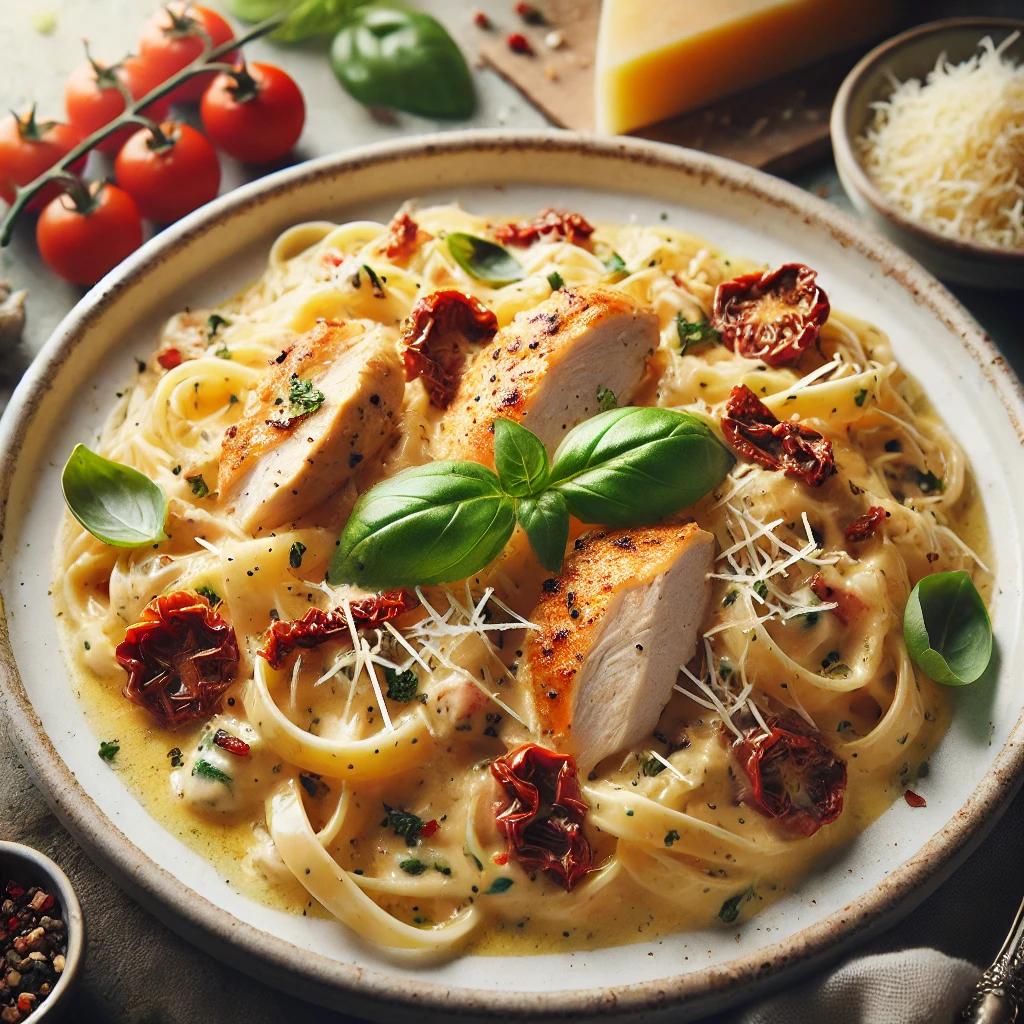 Plate of Marry Me Chicken Pasta featuring tender chicken pieces in a creamy Parmesan sauce with sun-dried tomatoes, topped with fresh basil and grated Parmesan, served on a white plate.