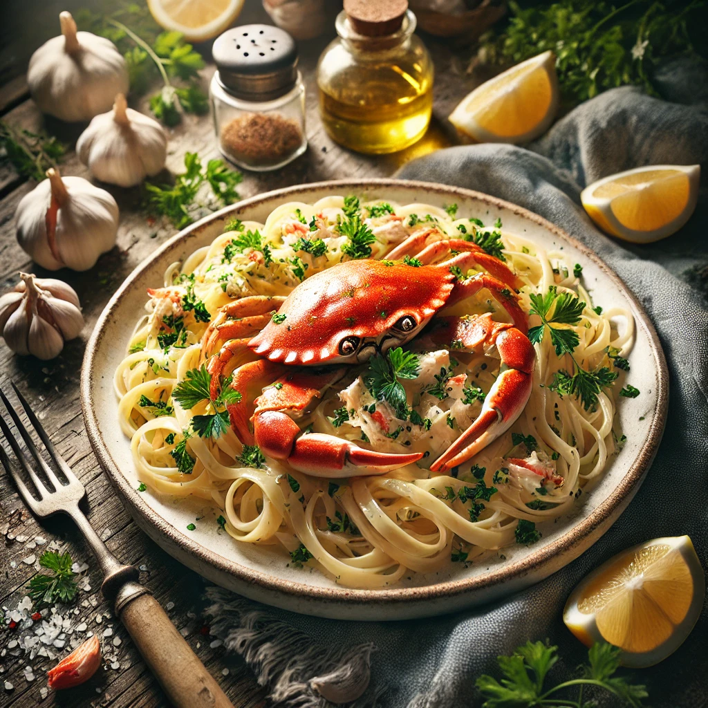 A plate of linguine pasta topped with fresh, flaky crab meat, coated in a creamy sauce, and garnished with parsley and lemon wedges. The dish is set on a rustic wooden table surrounded by fresh herbs, garlic cloves, and lemon slices, giving a cozy, homemade feel.