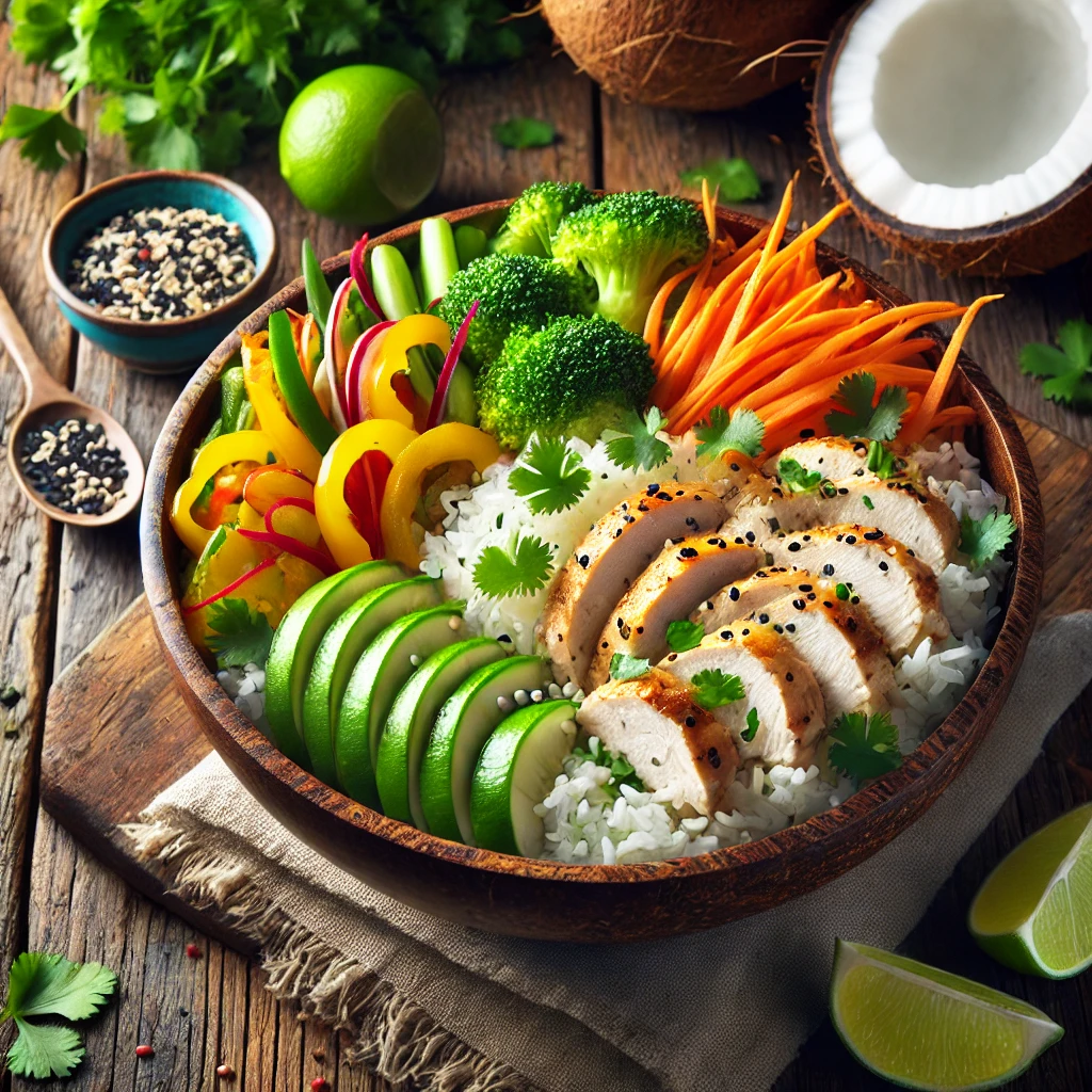 Colorful Coconut Chicken Rice Bowl with tender chicken strips, coconut-infused jasmine rice, and vibrant vegetables including bell peppers, broccoli, snap peas, and carrots. Garnished with fresh herbs, lime wedges, and sesame seeds, set on a rustic wooden table surrounded by fresh ingredients like coconut halves and cilantro.