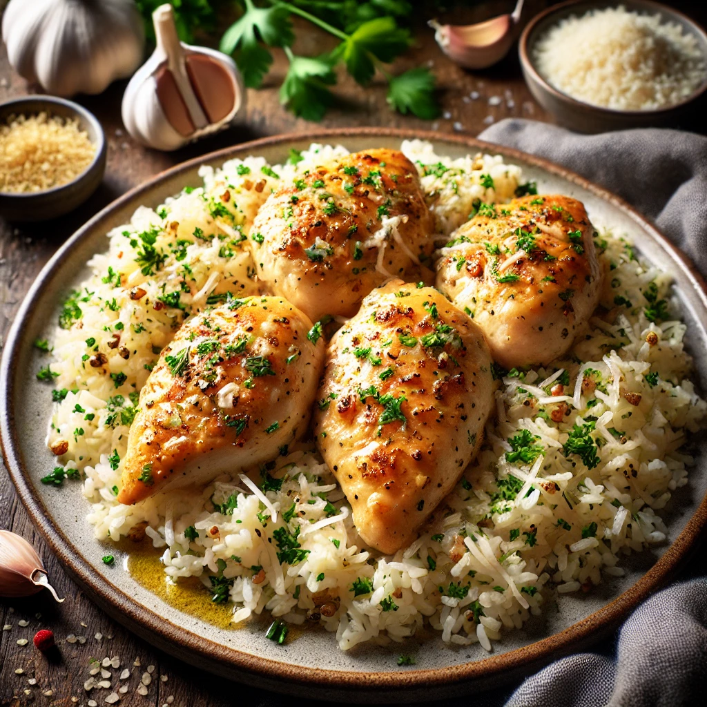 Try our Chicken with Garlic Parmesan Rice recipe—tender chicken, creamy garlic-Parmesan rice, and a burst of flavor in every bite. Perfect for easy dinners!