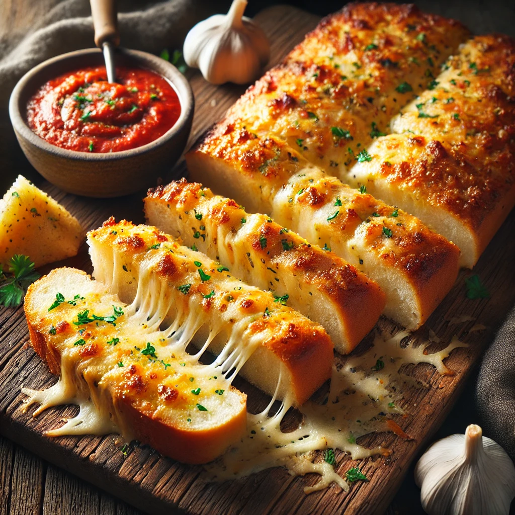 Freshly baked cheesy garlic bread slices on a rustic wooden board, topped with melted cheese and sprinkled with fresh parsley. A bowl of marinara sauce sits beside the bread for dipping. The bread has golden-brown, crispy edges, and the cheese stretches as each piece is pulled apart, creating a warm and appetizing presentation.