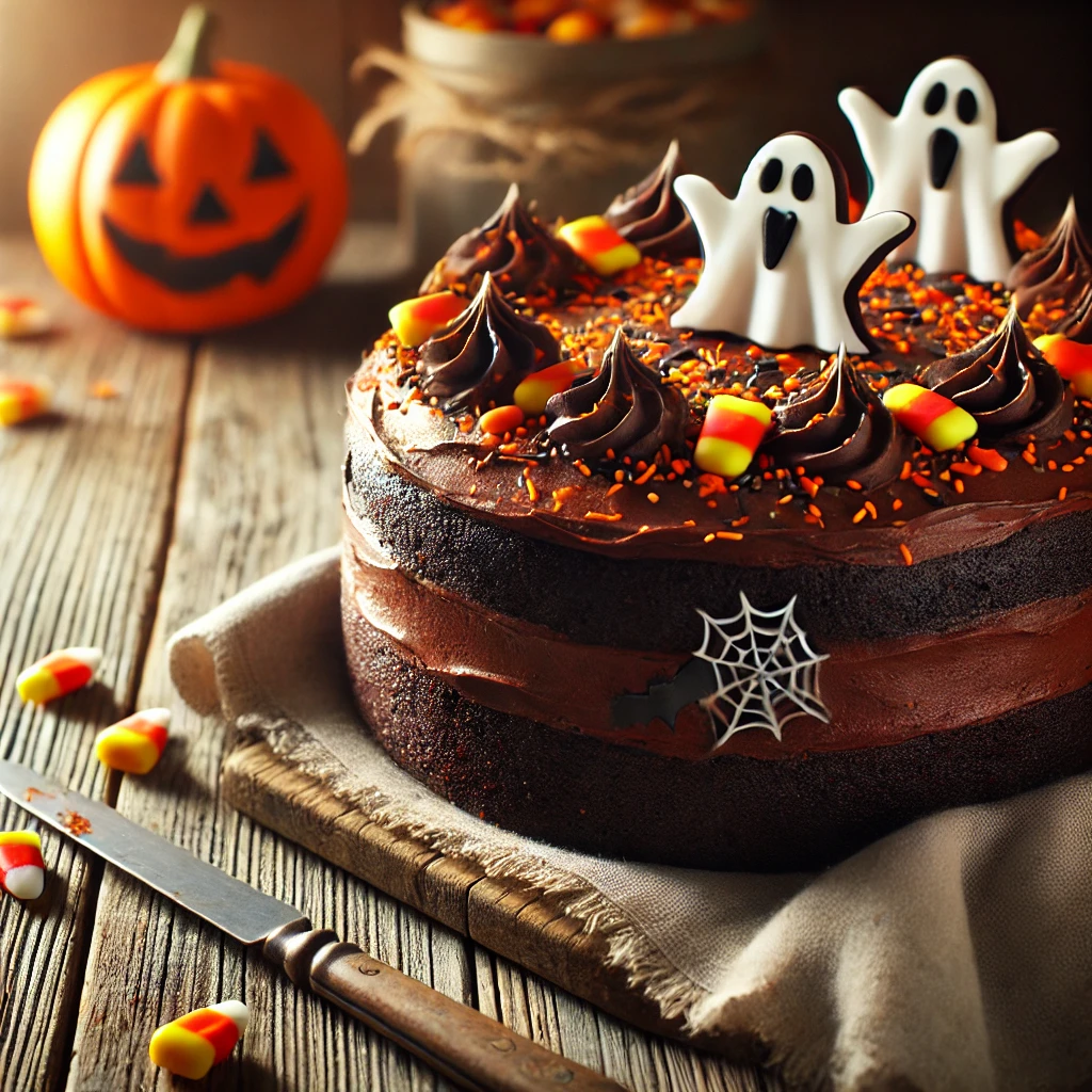 Halloween-themed homemade chocolate cake with dark chocolate frosting, decorated with orange and black sprinkles, fondant ghosts, and candy corn. The cake is set on a rustic wooden table with warm natural light highlighting the spooky yet inviting Halloween decor.