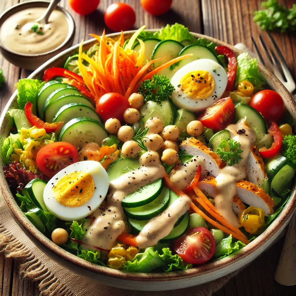 Colorful multi-veggie and protein salad in a large bowl, topped with creamy dressing. Features fresh mixed greens, bell peppers, cherry tomatoes, cucumbers, carrots, grilled chicken, boiled eggs, and chickpeas, creating a vibrant, nutritious dish on a rustic wooden table.