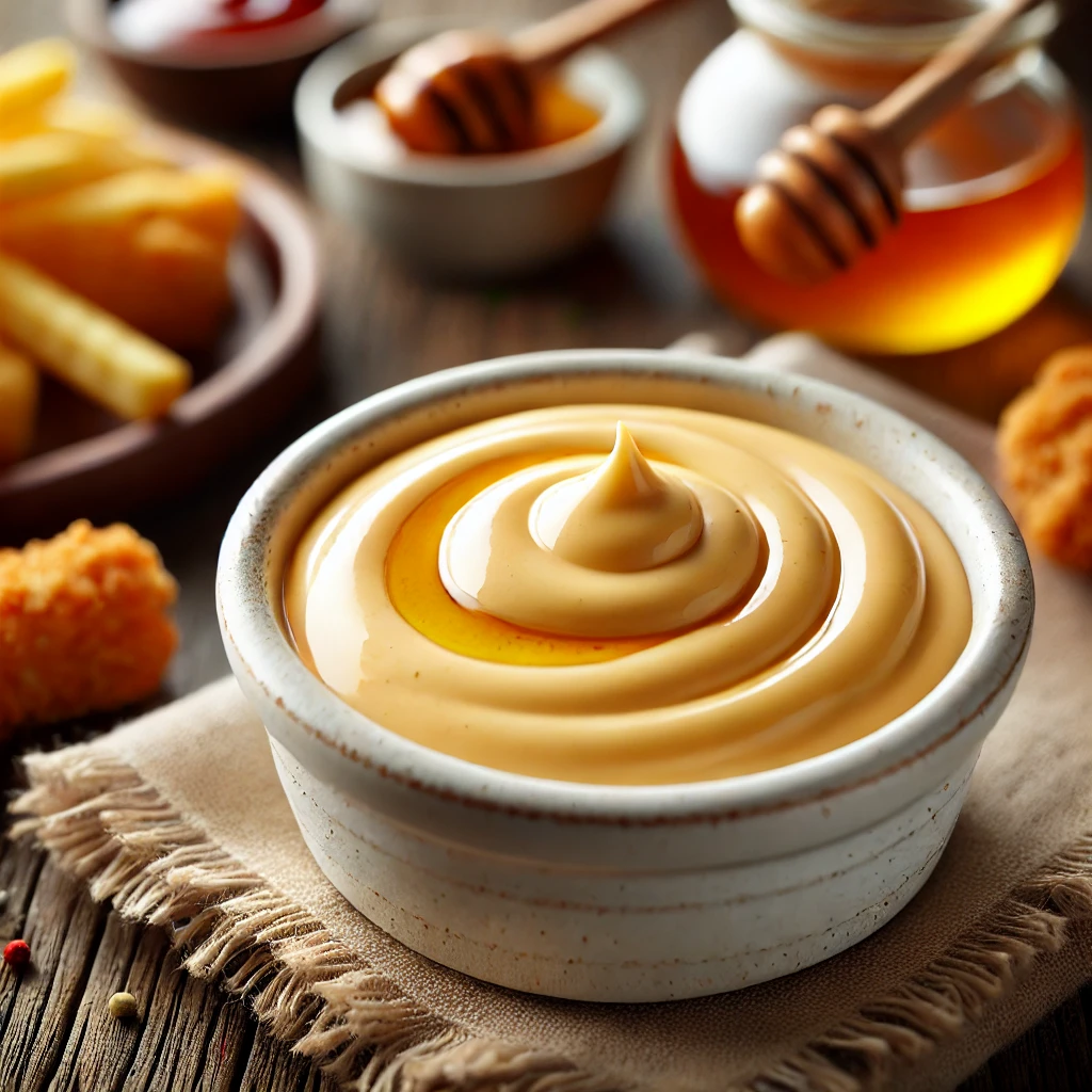 Homemade Chick-fil-A sauce in a small bowl on a rustic wooden table, with a drizzle of honey and a sprinkle of herbs on top. Fries and chicken tenders are nearby, highlighting the sauce as a delicious dip.