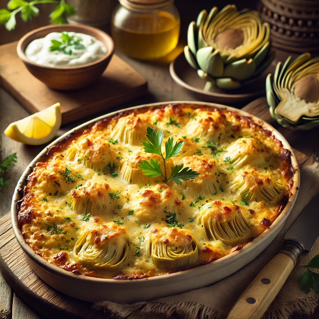 A baked chicken and artichoke casserole in a rustic kitchen. The casserole is golden and bubbly, topped with melted cheese, and garnished with fresh parsley. Artichokes, a lemon, and a small bowl of Greek yogurt are on the table, with warm natural light highlighting the scene.