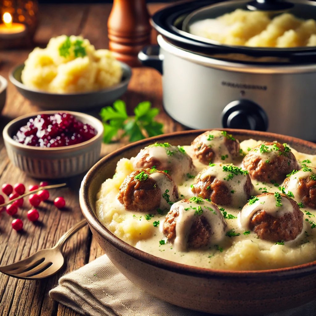 A serving of Swedish meatballs in a creamy sauce, garnished with fresh parsley, accompanied by mashed potatoes and lingonberry jam, presented on a rustic dining table with a cozy, warm atmosphere.