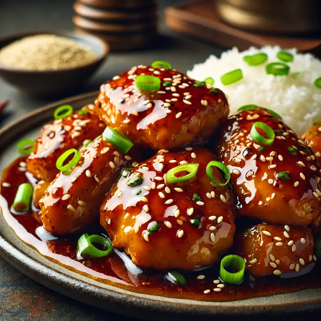 A beautifully plated Ginger Soy Glazed Chicken with a sticky, glossy sauce, garnished with sesame seeds and green onions, served alongside steamed jasmine rice in a cozy, rustic kitchen setting.