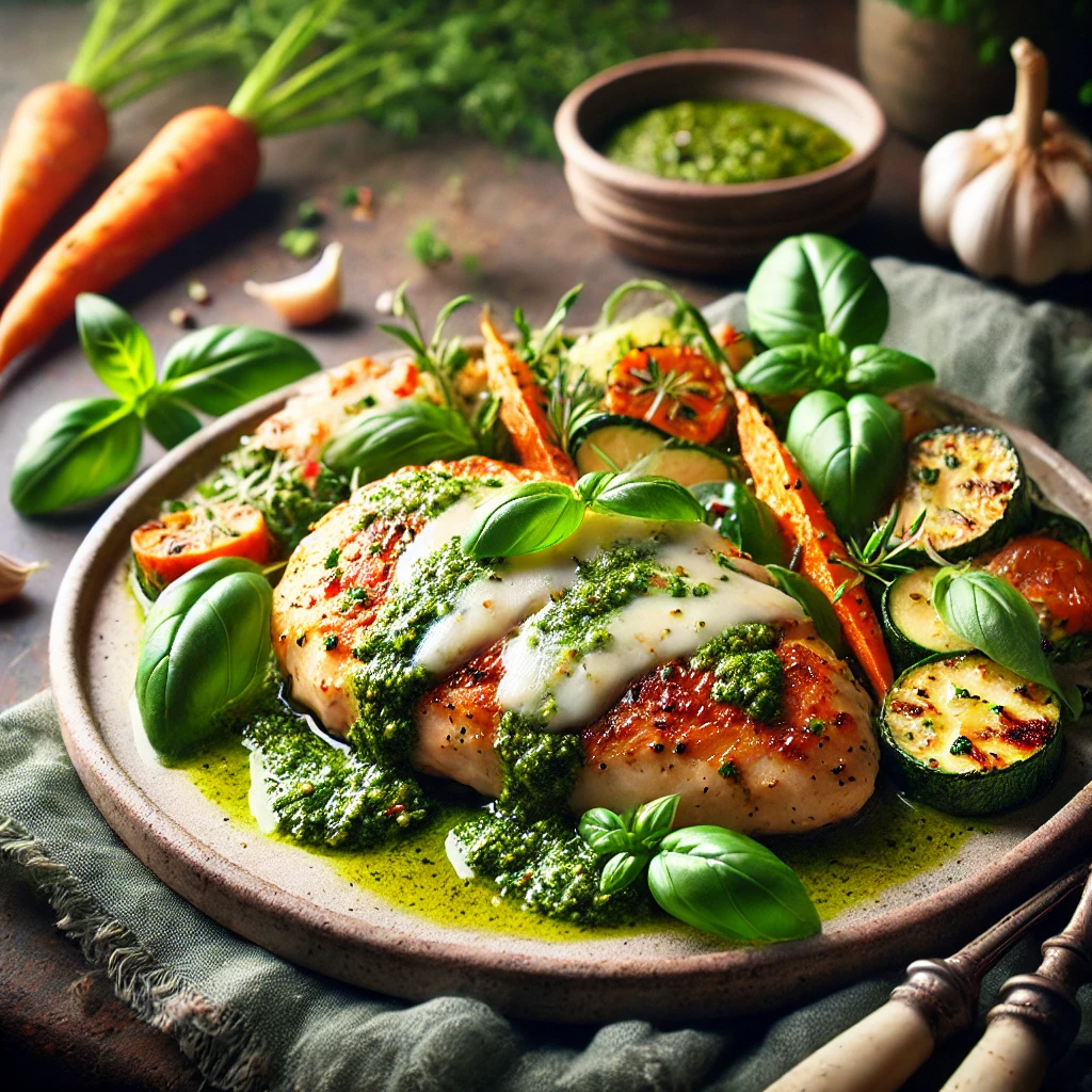 Close-up of pesto chicken in a baking dish, topped with melted mozzarella and Parmesan. Each chicken breast is coated in vibrant green pesto sauce, garnished with fresh basil leaves, creating a flavorful and inviting dish.