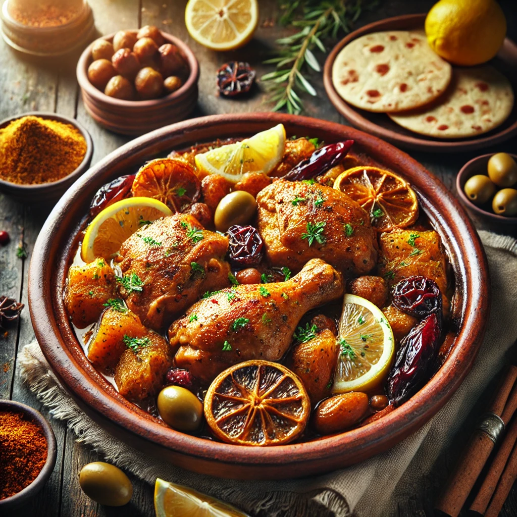 Moroccan chicken stew with preserved lemons and olives served with flat bread.