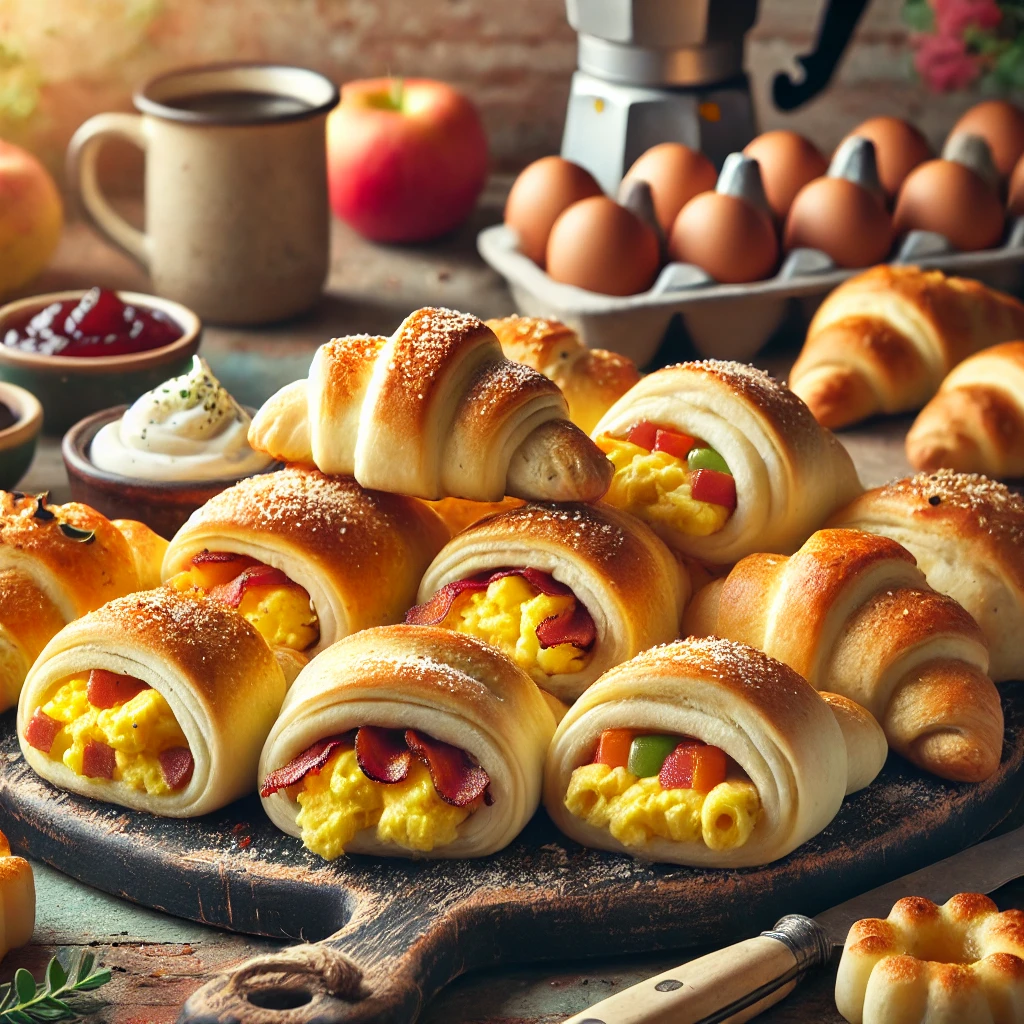 A batch of homemade crescent roll breakfast recipes displayed on a wooden kitchen counter. The rolls are golden and flaky, with some filled with scrambled eggs, bacon, and cheese, while others feature sweet fillings like cream cheese and fruit preserves. The setting includes soft natural light, with a cozy and casual kitchen atmosphere, highlighting the fresh, warm rolls ready to be enjoyed.