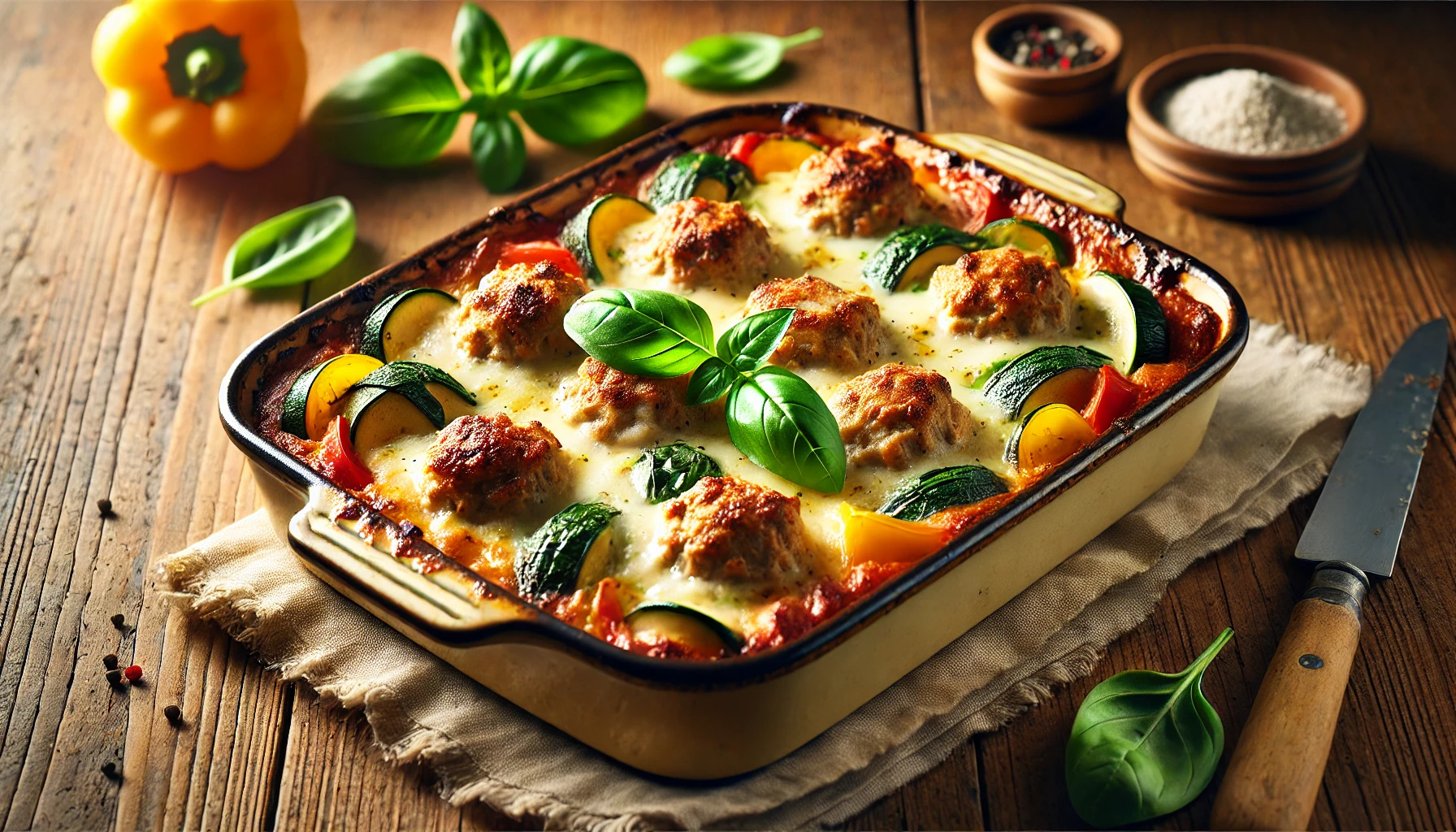 A freshly baked healthy meatball casserole in a rustic baking dish, featuring golden-brown, bubbly low-fat mozzarella cheese on top. Lean turkey meatballs are visible alongside vibrant vegetables such as bell peppers, zucchini, and spinach, garnished with fresh basil leaves. The dish is placed on a wooden table in a cozy, warm kitchen setting with soft natural lighting, emphasizing the wholesome and appetizing presentation.