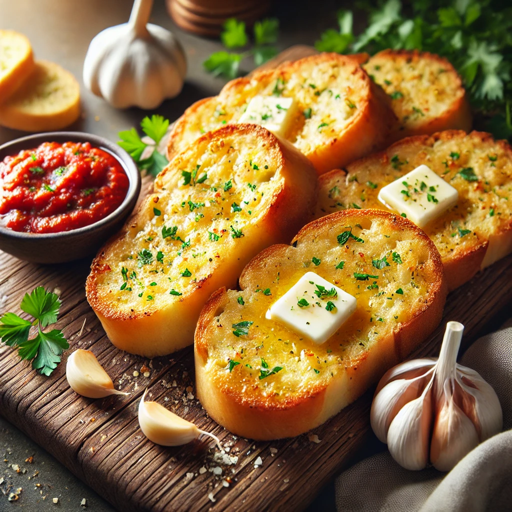 Golden brown garlic bread slices cooked in an air fryer, displayed on a rustic wooden cutting board. The bread is covered in a rich garlic butter spread and sprinkled with fresh parsley, showing crispy edges and a soft, buttery center. A small bowl of dipping sauce is placed beside the bread, and the background features an air fryer in a cozy kitchen setting with soft natural lighting, highlighting the appetizing texture and aroma of the garlic bread.