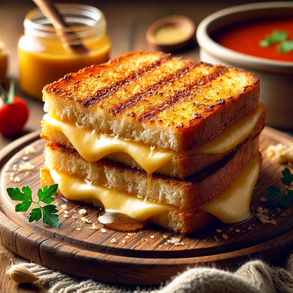 A freshly made air fryer grilled cheese sandwich with golden brown, crispy bread and melted cheese oozing from the sides. The sandwich is placed on a rustic wooden cutting board in a cozy kitchen setting, accompanied by a small bowl of tomato soup for dipping and garnished with fresh herbs. Soft, warm natural light highlights the crispy texture and melted cheese, creating an inviting and appetizing scene.