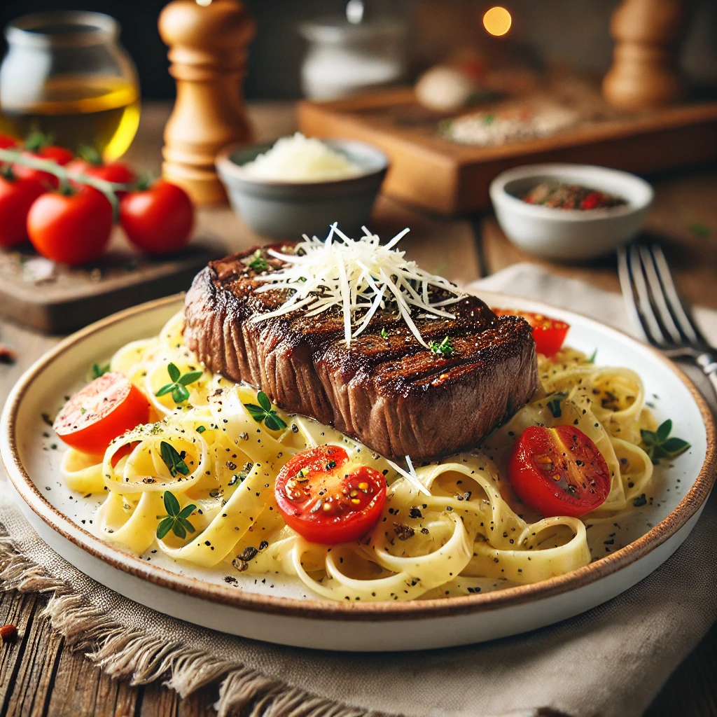 A natural and appetizing image of a steak and pasta dish, featuring thin slices of perfectly seared steak served on a bed of fettuccine pasta coated in a creamy sauce. The dish is garnished with cherry tomatoes, fresh herbs, and grated Parmesan cheese, presented on a rustic white plate placed on a wooden table. The cozy kitchen setting is lit with warm, soft natural light, emphasizing the textures and freshness of the ingredients, creating a comforting and inviting home-cooked feel.