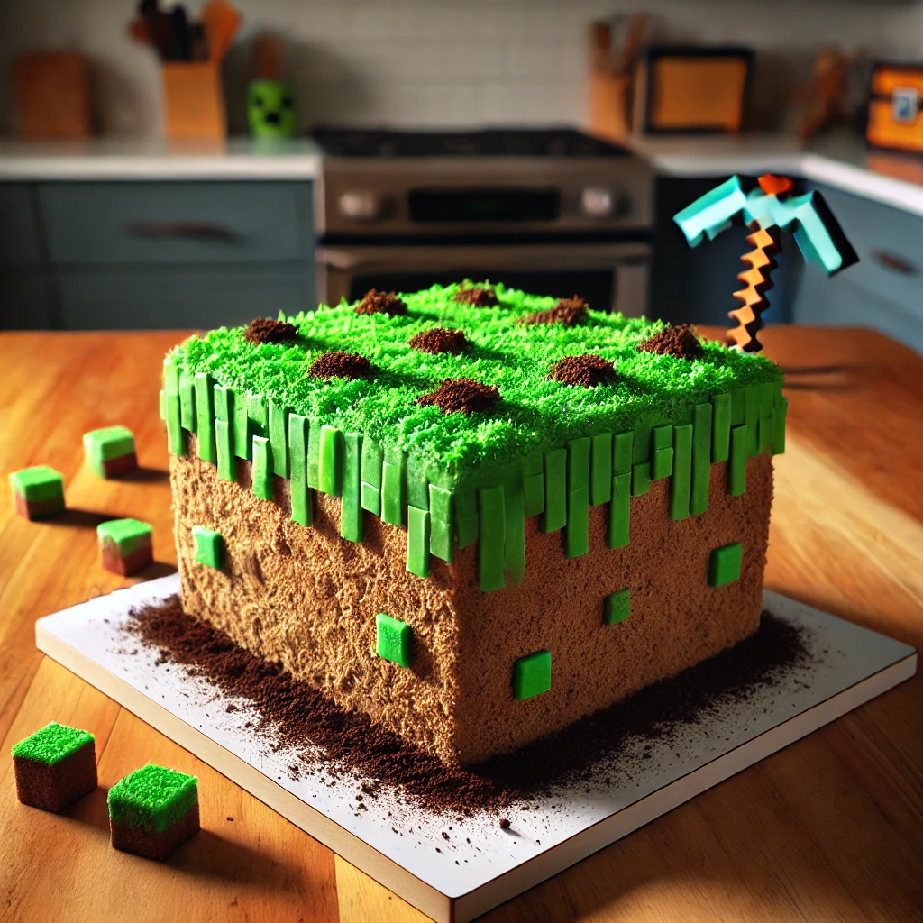 A realistic, homemade Minecraft-themed cake designed as a square grass block. The top of the cake is covered with green frosting and sprinkles to resemble grass, while the sides are decorated with brown frosting and crushed cookie pieces to mimic dirt. The cake sits on a simple white cake board, placed on a rustic wooden table in a cozy kitchen setting. Natural, warm lighting highlights the authentic textures and slight imperfections, giving the cake a genuine, homemade appearance. Small Minecraft-themed toys, like a pickaxe, are placed nearby for added detail.