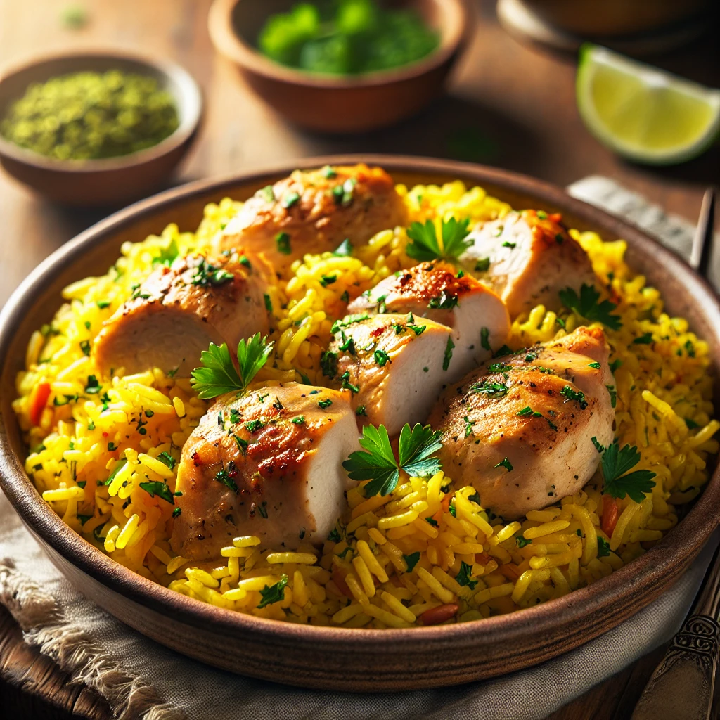 A chicken and yellow rice dish served in a rustic bowl, featuring tender, golden chicken pieces on top of vibrant yellow rice. The rice is seasoned with aromatic spices and garnished with fresh parsley. The dish is set on a wooden table, with lime wedges and a spoon for serving, all lit by soft, natural lighting, creating a warm and inviting atmosphere.