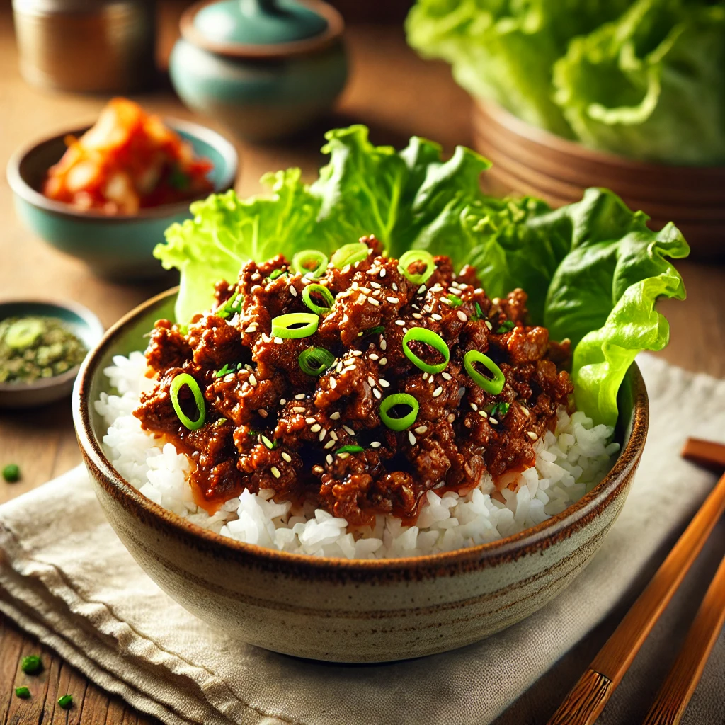 A bowl of easy ground beef bulgogi served over steamed white rice, garnished with green onions and sesame seeds. Fresh lettuce leaves are placed beside the bowl for an optional lettuce wrap. The dish is set on a wooden table with chopsticks and a small dish of kimchi. Soft, natural lighting highlights the textures and colors, creating a warm and appetizing presentation.