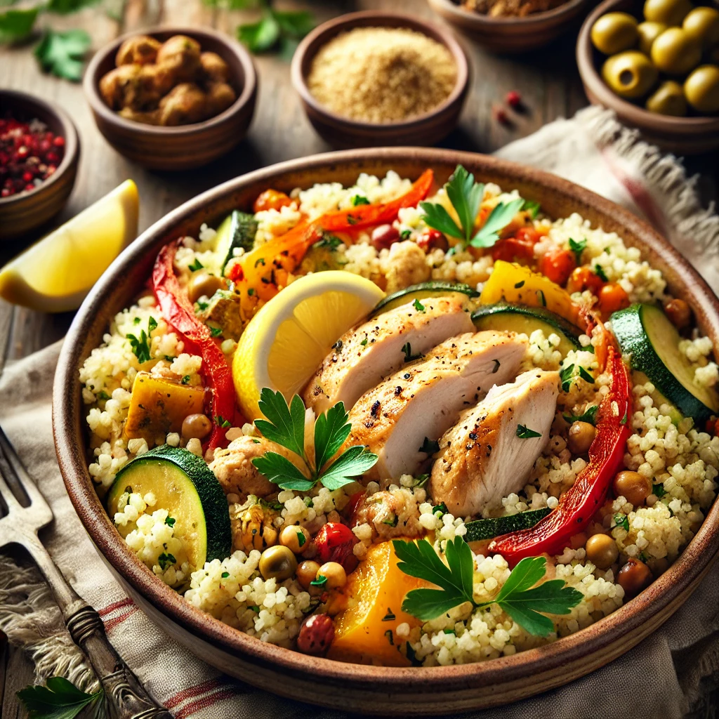 A bowl of easy chicken couscous served in a rustic ceramic bowl. The dish features tender chicken pieces, fluffy couscous, and vibrant vegetables like bell peppers and zucchini, garnished with fresh parsley and a lemon wedge. The bowl is set on a wooden table, surrounded by small bowls of additional ingredients such as olives and dried fruit, with soft natural lighting highlighting the vibrant colors and textures, creating a warm, inviting homemade meal presentation.