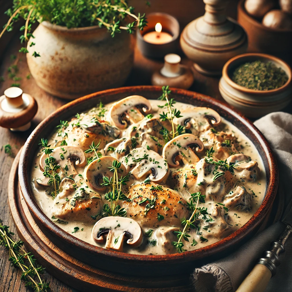 A plate of creamy mushroom chicken garnished with fresh thyme and parsley. The chicken is covered in a rich, creamy mushroom sauce and set on a rustic wooden table. The scene includes small bowls of herbs and mushrooms, with natural lighting highlighting the textures and warm, inviting presentation.