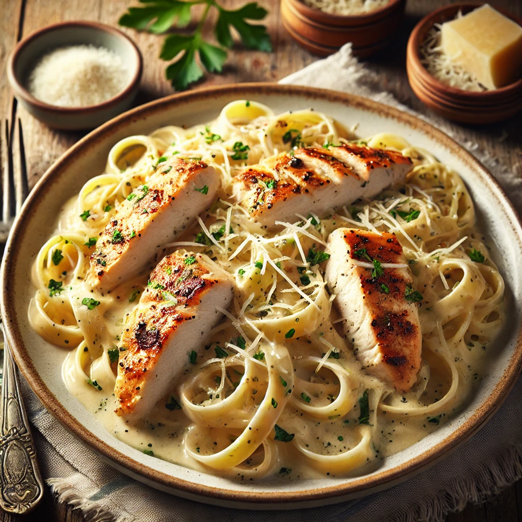 A plate of creamy chicken Alfredo pasta featuring fettuccine noodles topped with slices of grilled chicken, covered in a rich Alfredo sauce. The dish is garnished with freshly grated Parmesan cheese and chopped parsley, placed on a rustic wooden table. The warm lighting highlights the creamy texture and fresh herbs, making it look appetizing and inviting.