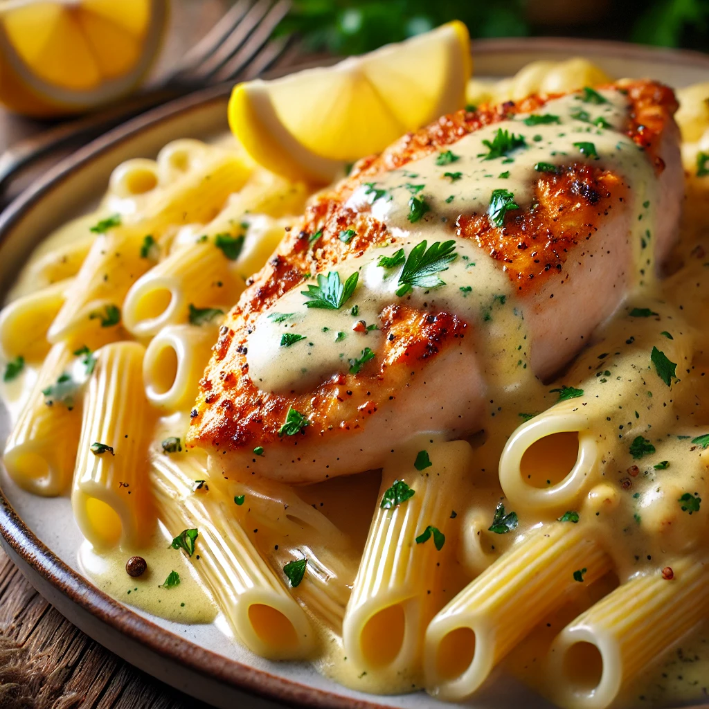 A beautifully plated dish of Chicken Francese with pasta. The pasta is perfectly al dente and well-coated in a creamy lemon-butter sauce, giving it a glossy and rich appearance. The golden brown chicken is topped with fresh parsley and lemon slices, creating a vibrant and appetizing look. The dish is set on a rustic wooden table, illuminated by warm, natural lighting for a cozy and inviting presentation.