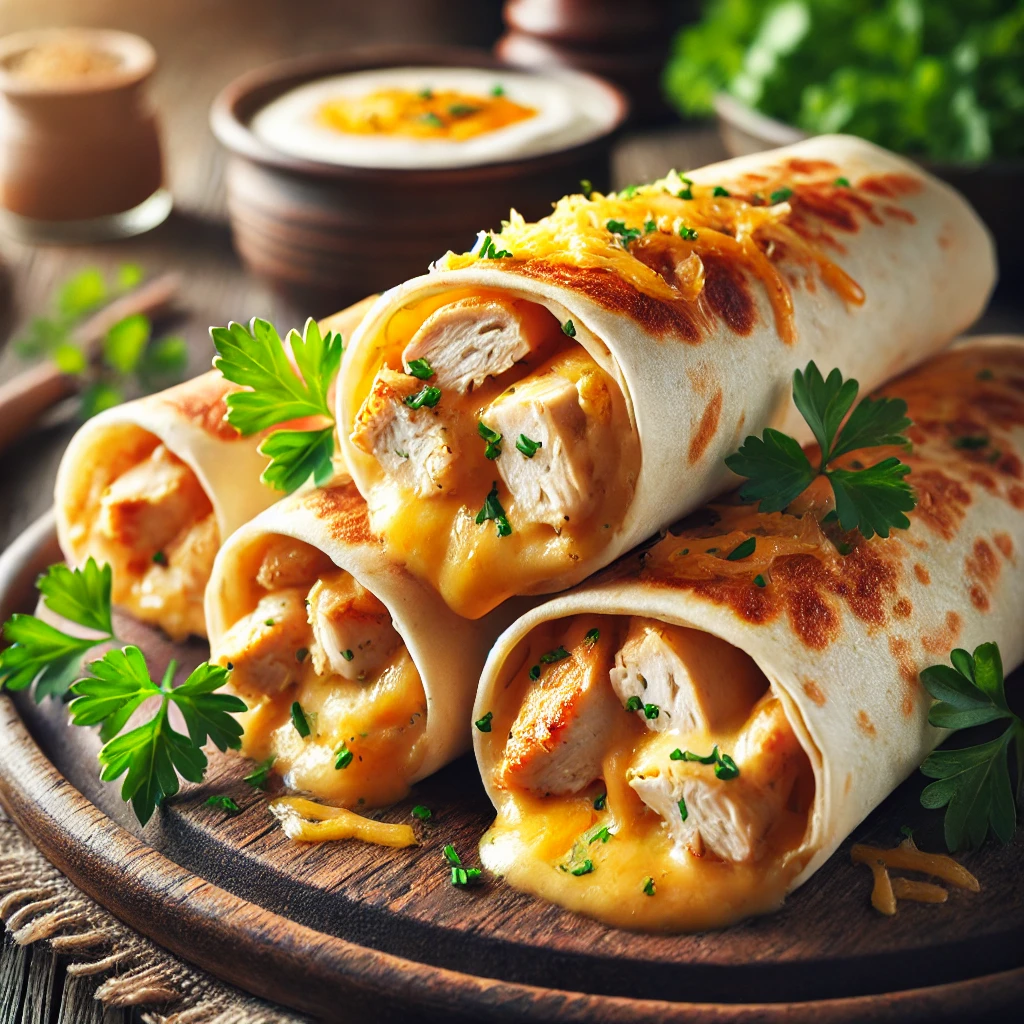 Close-up image of cheesy garlic chicken wraps with a golden, crispy exterior, filled with tender chicken, melted cheese, and creamy garlic sauce, garnished with fresh parsley. The wraps are served on a rustic wooden plate with a side of dipping sauce and a small salad of fresh greens.