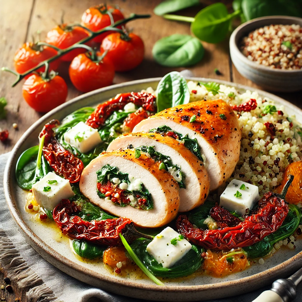 Golden brown Feta Cheese and Sun-Dried Tomato Stuffed Chicken sliced to reveal a creamy filling of feta, sun-dried tomatoes, and fresh spinach, garnished with herbs and served alongside quinoa and roasted vegetables.