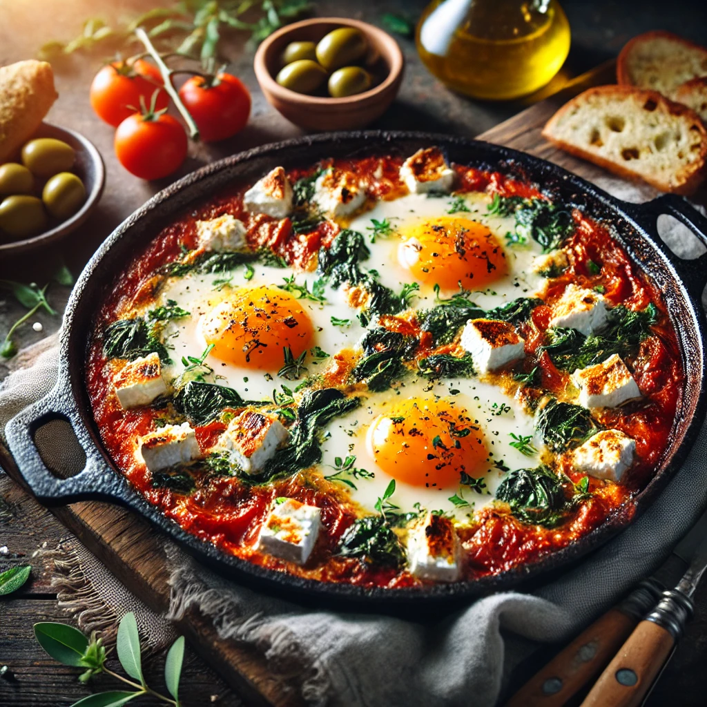 Vibrant Mediterranean Baked Feta Eggs served in a rustic skillet with baked eggs, rich tomato and spinach base, and crumbled golden feta cheese, garnished with fresh oregano and parsley, set on a rustic wooden table with slices of toasted bread and olives.