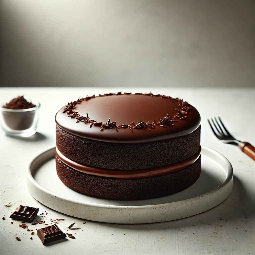 Natural photograph of a single layer chocolate cake on a white ceramic plate. The 8-inch cake is topped with glossy chocolate ganache and placed on a rustic wooden table. Natural daylight illuminates the cake, creating soft shadows, with chocolate shavings scattered around. A silver fork rests beside the plate, and a blurred kitchen background adds a cozy, homemade feel.