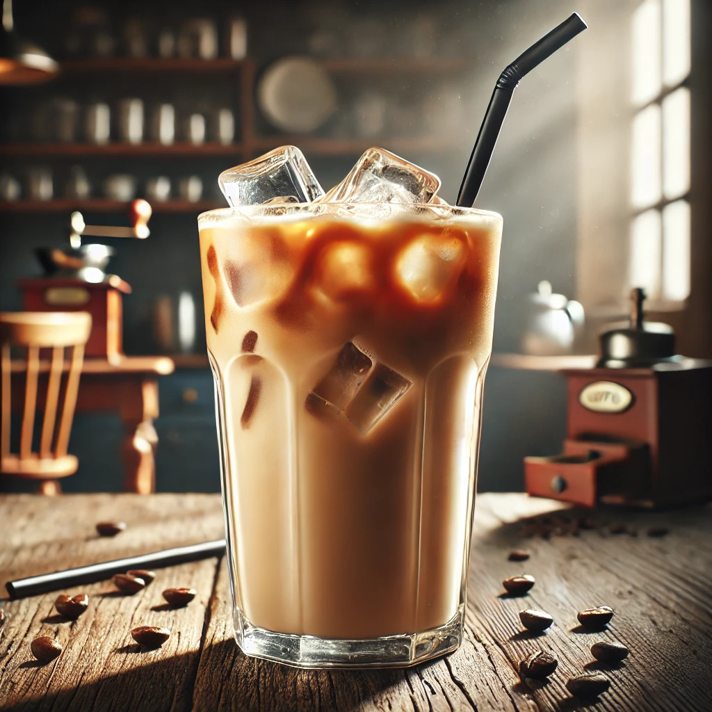 Glass of Nescafe iced coffee with ice cubes and creamy swirls, set on a rustic wooden table. Sunlight illuminates the cup, creating a cozy kitchen ambiance—perfect representation for a Nescafe iced coffee recipe.