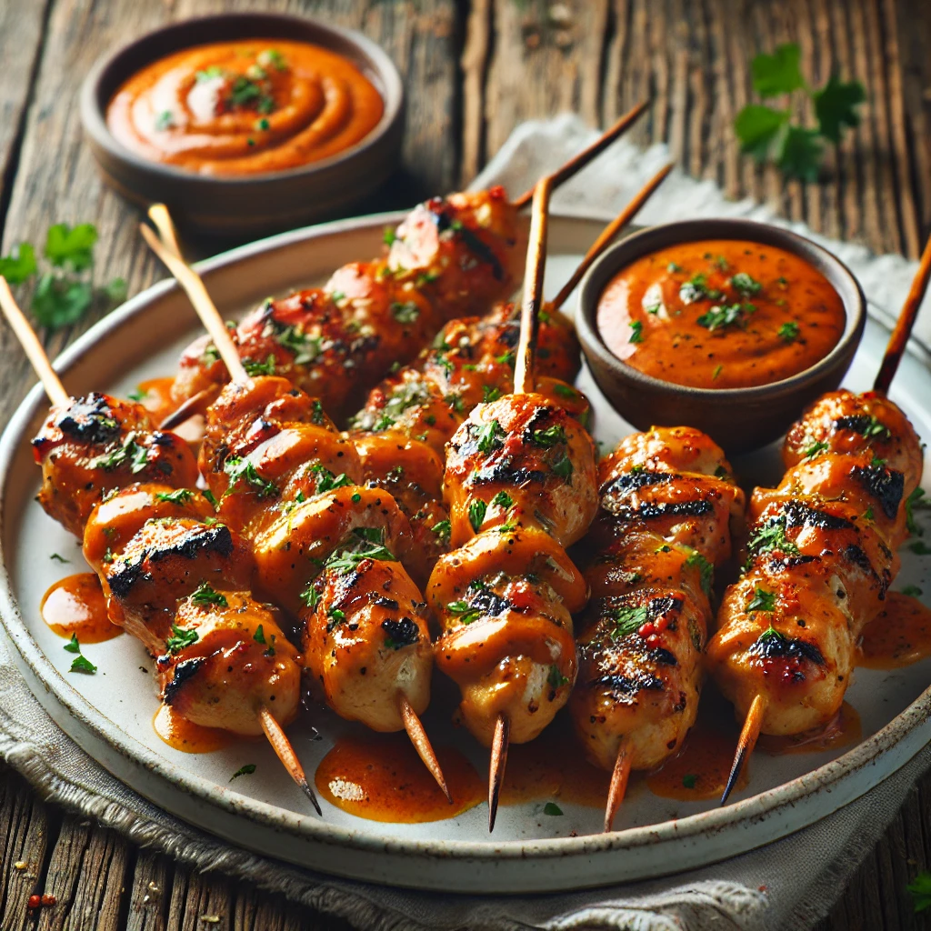 Grilled bang bang chicken skewers coated in a creamy, spicy sauce, garnished with fresh herbs, served on a white plate on a rustic wooden table with natural lighting highlighting the juicy texture.