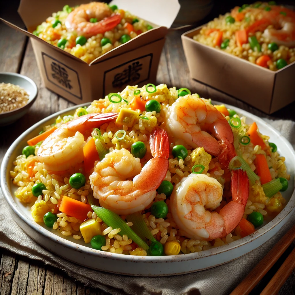 Close-up of vibrant shrimp fried rice served on a white plate and in Chinese takeout boxes. The dish features golden shrimp, green peas, diced carrots, green onions, and fluffy rice, garnished with fresh green onion slices.